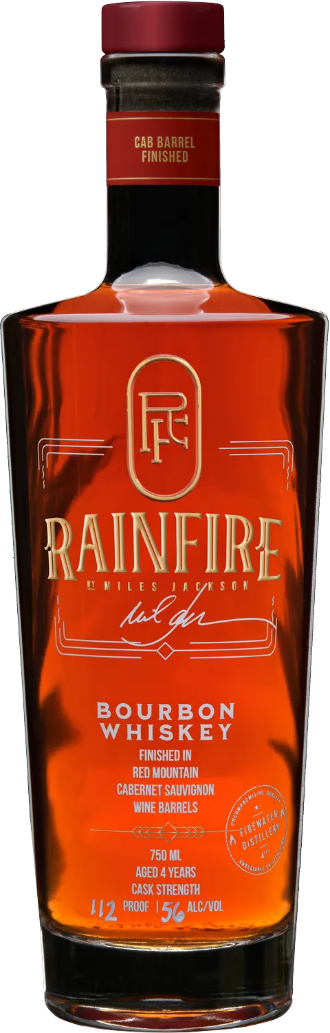 Rainfire Bourbon Whiskey finished in Red Mountain Cabernet Sauvignon wine barrels, cask strength bottle
